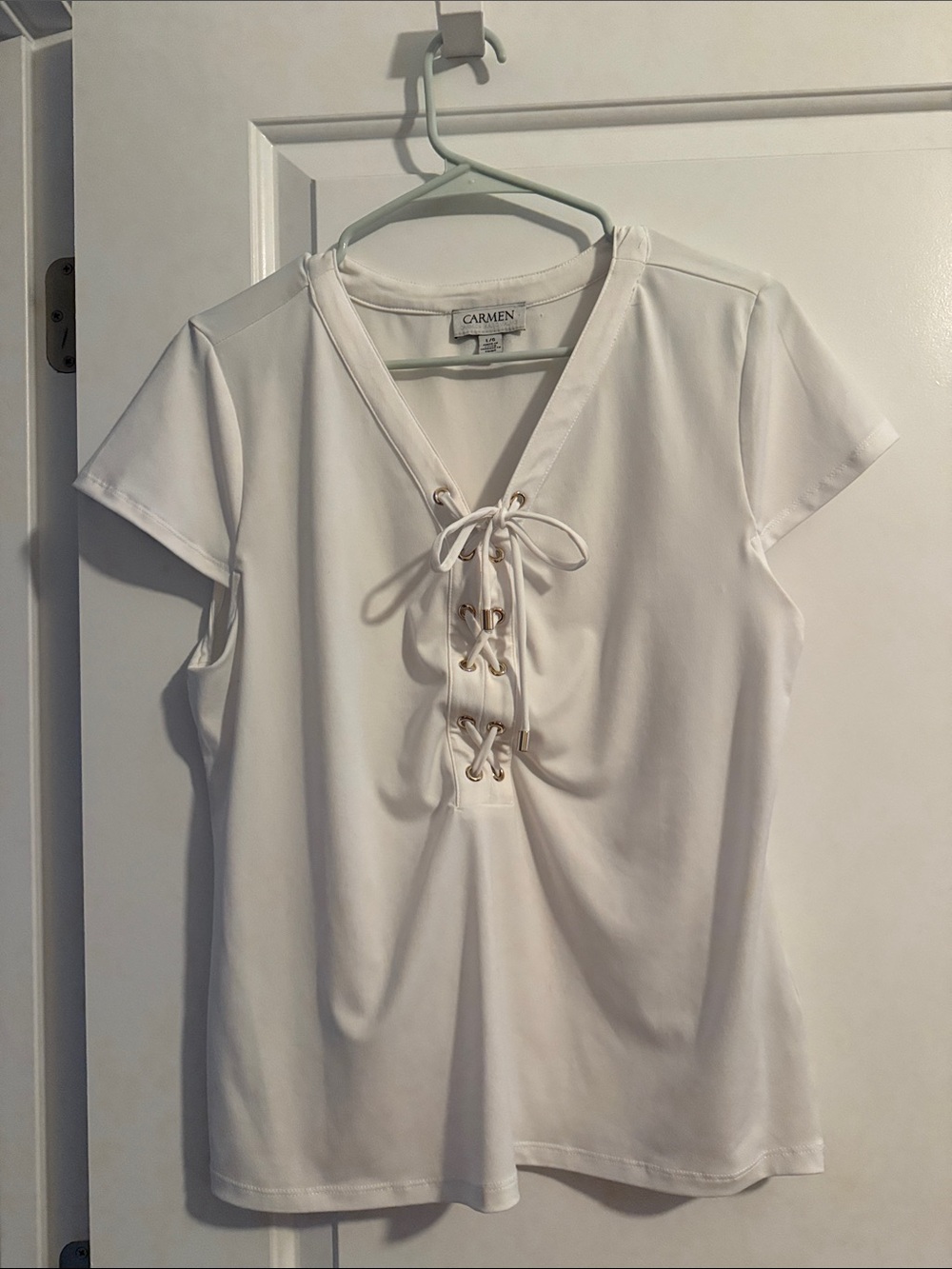 Carmen Lace Up White Tee – Y2K Corset Style Fitted Top-size large